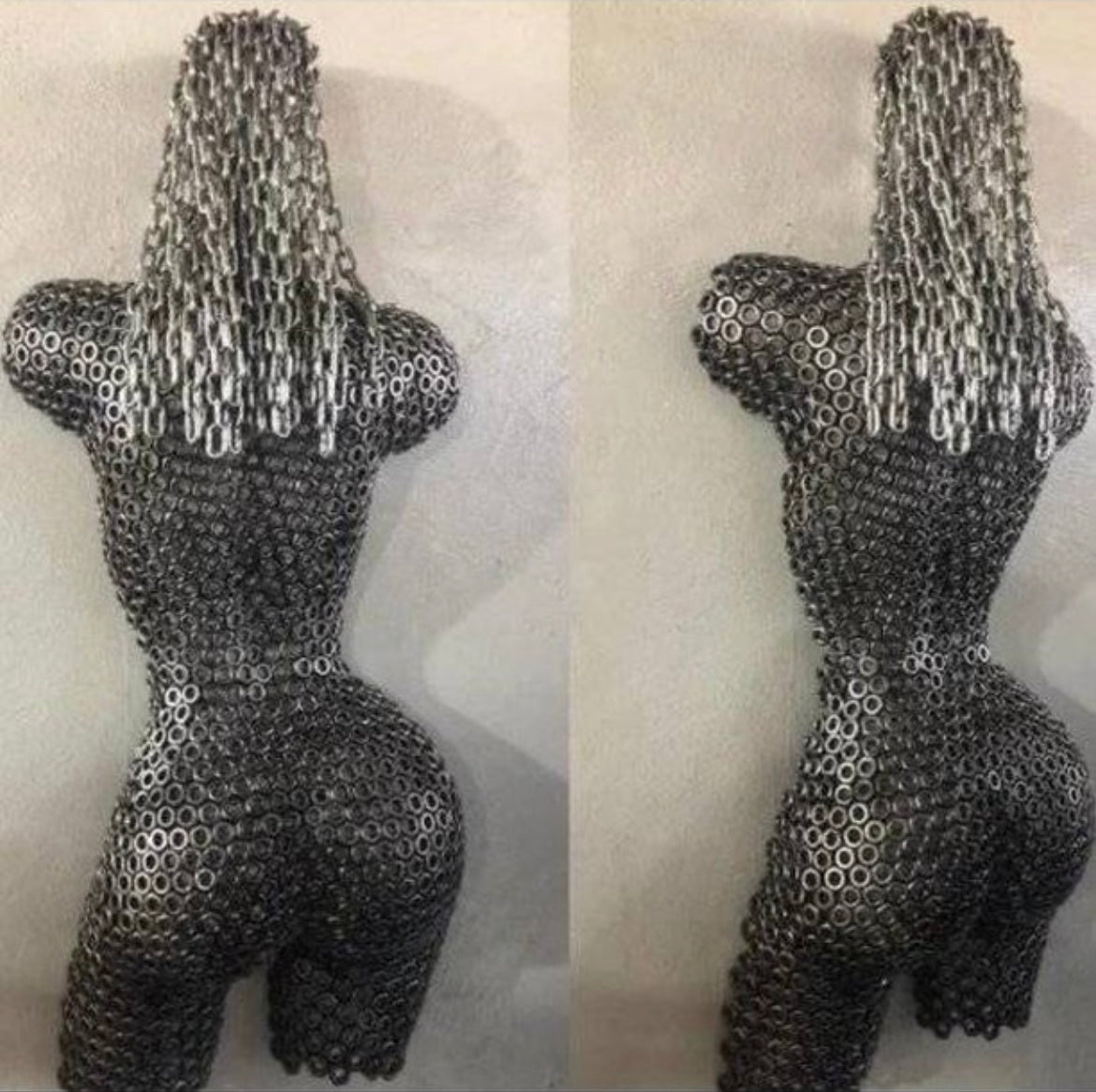 Sculpture métallique artisanale buste de femme de dos cheveux longs