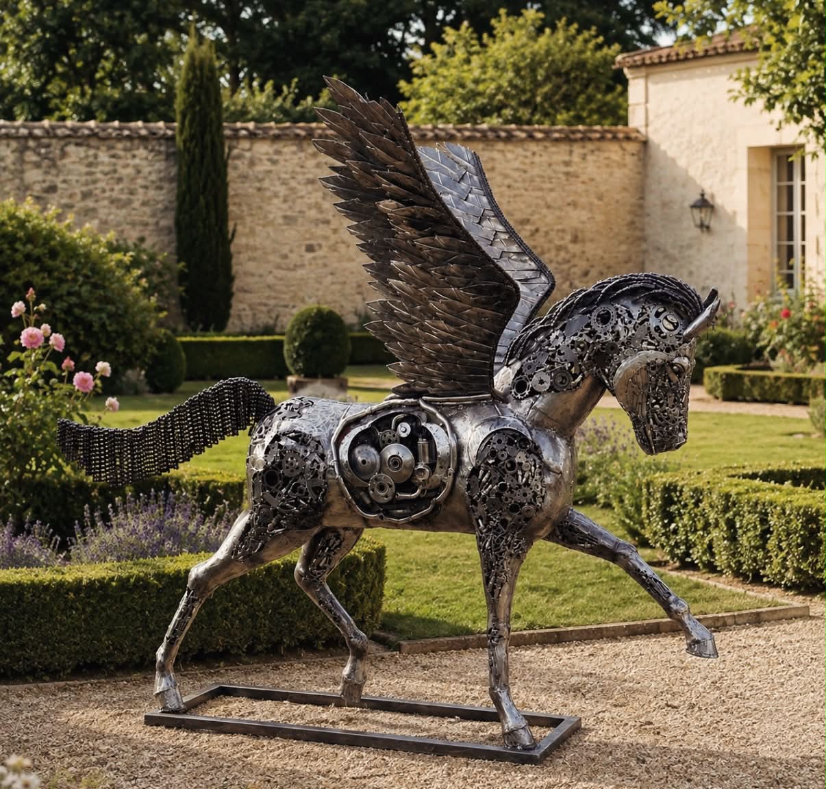 Élios – Sculpture cheval ailé en métal recyclé – Forges des Arts